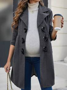 SHEIN Maternity Solid Color Buckle Design Long Sleeve Casual Loose Coat, Autumn Fall Clothes - Dark Grey - View 3