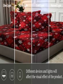 圣诞床笠和枕套红色背景网格雪花圣诞节圣诞节印花 3 件柔软超细纤维男孩女孩 1 床笠 2 枕套无被子圣诞节礼物 - 紅色 - 查看 7