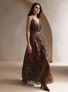 Anewsta 1 件女士刺绣细肩带连衣裙，酒红色超长款 PU 皮革女装 - 棕色 - 查看 5