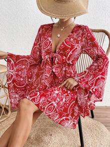 SHEIN VCAY Holiday Woven Printed V-Neck Front-Tie Jumpsuit Dress With Bell Sleeves For Women, Casual Women Dresses - Red and White - View 5