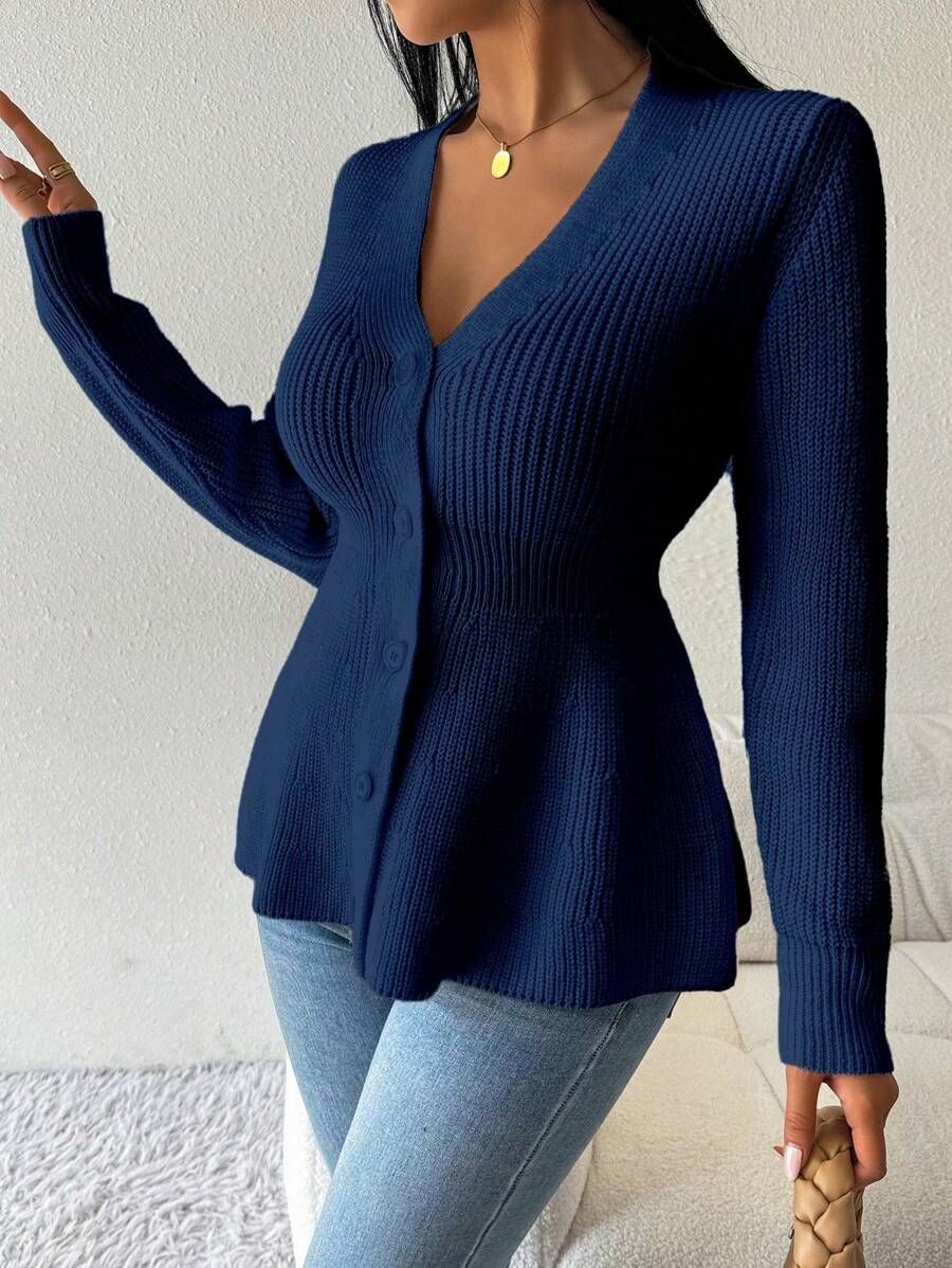 SHEIN LUNE Áo khoác cardigan cổ chữ V viền bèo nhún màu trơn đơn giản cho nữ - Màu xanh hải quân - Xem 1