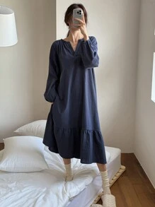 DAZY Women's Solid Color Minimalist Notch Collar Lantern Sleeve Ruffled Hem Loose Fit Casual Dress For Home - Navy Blue - View 7