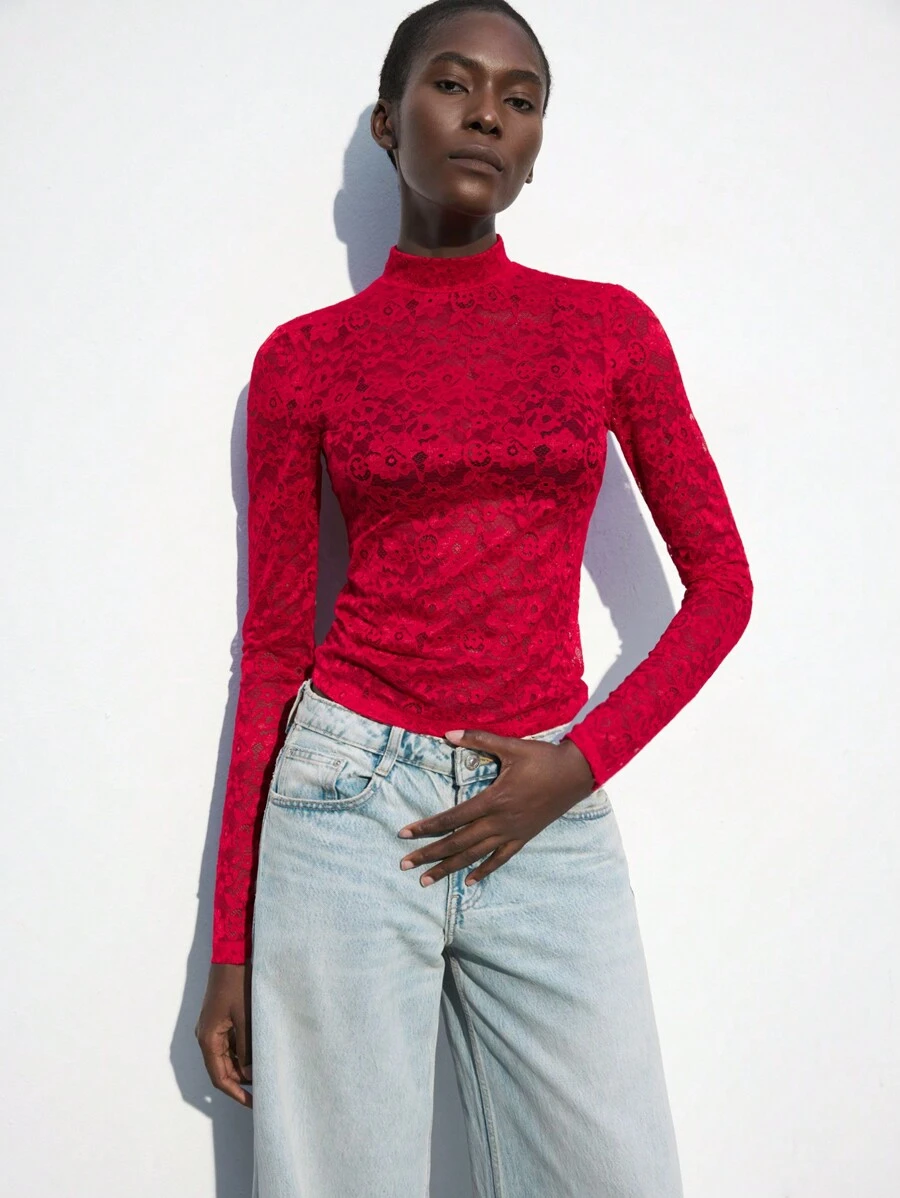 Maija 女士秋冬高领紧身红色蕾丝优雅上衣，适合情人节、圣诞节、都市装 - 紅色 - 查看 1