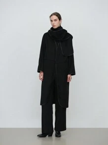 SHEIN LUNE 2pcs/Set Women's Coat With Faux Leather Trim And Scarf, Long Length - Black - View 3