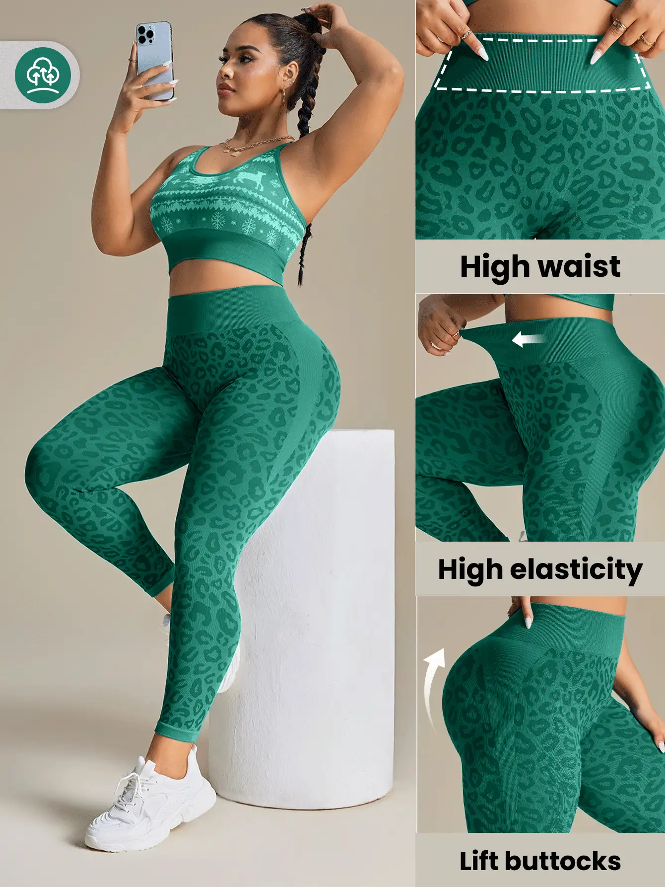 Rhythm Era Plus Size Women High Waist Leopard Print Leggings, Suitable For Workouts And Everyday Wear Yoga Pants - Green - View 2