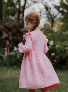 SHEIN Young Girl Pink Elegant Cap Sleeve Jacquard Pattern Dress,Flower Girl Fairy Style For Birthday Party,Autumn New Year Gift,Daily Outdoor Fashionable - Purple - View 2