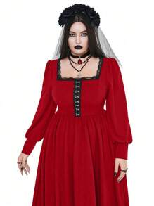 Whyspr Vestido largo de estilo vintage con mangas tipo globo, decoración de botones de metal y cintura alta, en estilo retro gótico/oscuro, medieval, barroco y palaciegos