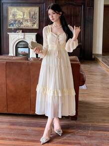 DAZY 女士宫廷风纯色荷叶边长袖连衣裙，新年舞会礼服，秋季优雅女士连衣裙长款连衣裙 - 米色 - 查看 6