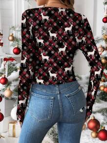 SHEIN LUNE Áo thun dài tay thường ngày hình tuần lộc Giáng sinh dành cho nữ, thích hợp làm lớp lót cho mùa thu/đông - Nhiều màu - Xem 2