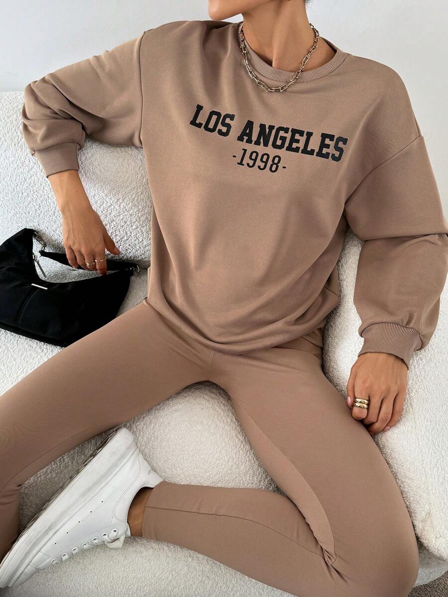 SHEIN Essnce 2 件套女士休闲运动卫衣套装 - 駝色 - 查看 1