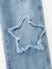 SHEIN ChillGRL Tween Girls Y2K 风格浅蓝色牛仔裤，带星星贴花，磨损下摆，宽松直筒剪裁，时尚街头休闲潮流女孩裤子