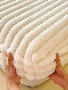 简约纯色柔软温暖毛绒床笠，冬季 - 米色 - 查看 6