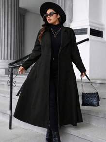 SHEIN LUNE 大码纯色纽扣口袋长袖长外套，秋冬