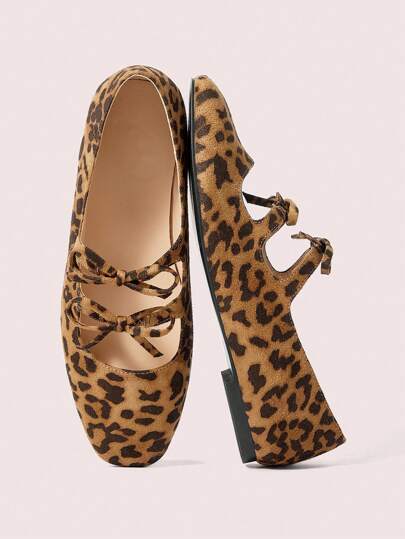 CUCCOO DOLLMOD Women's Flat Square Toe Leopard Print Comfortable Mary Jane Shoes With Dual Bow, Simple Fashionable Cute New Year Holiday Valentines