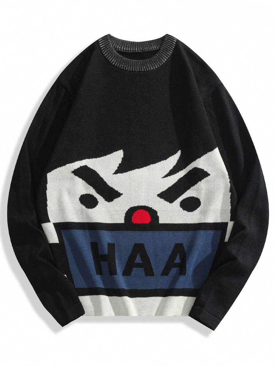 Chillumni 男式圆领长袖图案细节简约休闲套头毛衣 - 黑色 - 查看 1