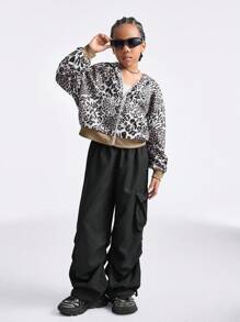 SHEIN Tween Girls Casual Leopard Print Zipper Front Sweatshirt With Pocket - Multicolor - View 5