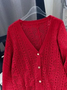 Calvaya 大码纯色前扣长袖休闲上衣，日常穿着，适合冬季 - 紅色 - 查看 5