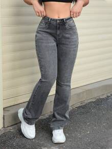 SHEIN EZwear Women Casual Distressed Retro Slim Flared Leg Jeans - Black - View 1