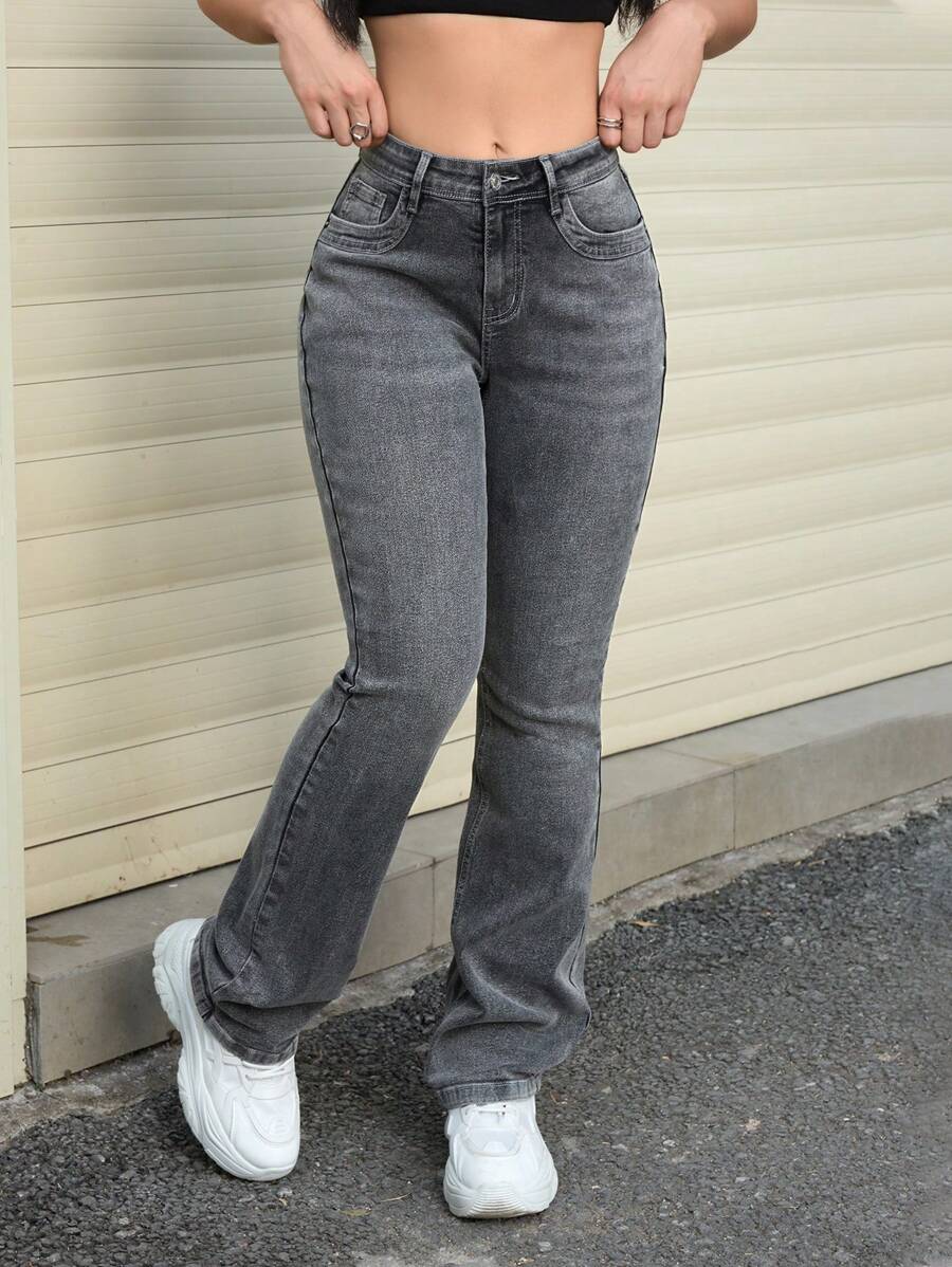 SHEIN EZwear Women Casual Distressed Retro Slim Flared Leg Jeans - Black - View 1