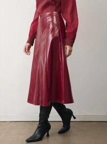 BizChic 圣诞红色PU皮裙，适合节日派对、办公室通勤、圣诞节、感恩节、新年等场合，优雅百搭。 - 酒紅色 - 查看 6