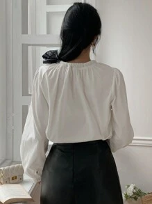 DAZY Ribbon Patchwork Loose Women Long Sleeve Blouse,Fall Clothes - White - View 2