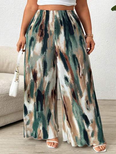 SHEIN CURVE+ Plus Size Women Tie Dye Pleated Straight Leg Pants Fall Cloth For Women