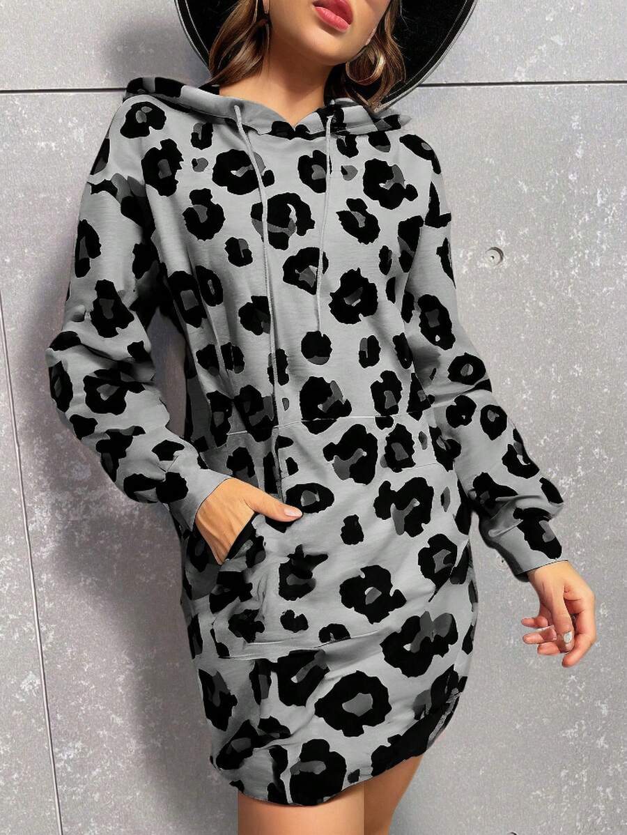 SHEIN LUNE 1 件女式豹纹长款连帽衫，秋季 - 灰色 - 查看 1