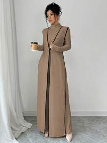 Elenzga 3-Piece Set: Ribbed Knit Turtleneck Dress & Wide Leg Pants, Color Block - Brown - View 8