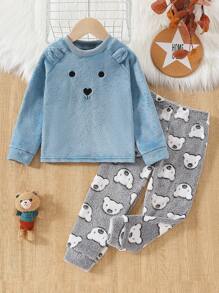 2 件装小男孩可爱熊法兰绒休闲舒适家居服套装，长袖衬衫和裤子 - 彩色 - 查看 6