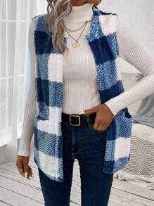 SHEIN LUNE 1pc Women Plaid Fuzzy Open Front Regular Casual Vest, Autumn/Winter - Blue and White - View 5