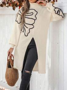 SHEIN Clasi 大码长款圆领刺绣套头毛衣 - 米色 - 查看 3