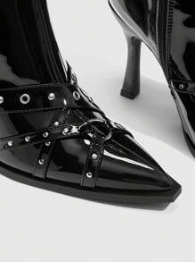 CUCCOO SZL Sexy Fashion Belted Rivet Decor Casual Versatile Side Zipper High Heel Ankle Boots For Christmas And New Year Holiday Vibe Fall And Winter - Black - View 4