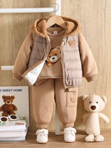 3 pezzi/set neonato/bambina cachi modello cartone animato scollo rotondo felpa, elastico in vita pantaloni spessi, gilet in pile giacca 3 pezzi vestito, adatto per autunno e inverno all'aperto, sci - Multicolore - Visualizzare 7