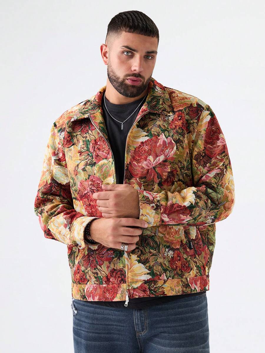 Manfinity VCAY Plus Size Men's Jacquard Jacquard Long Sleeve Jacket, For Fall Winter - Multicolor - View 1