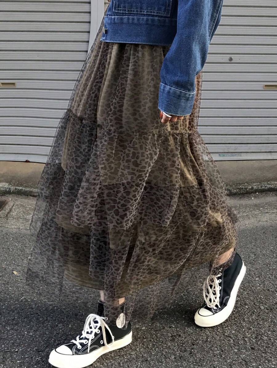 FRIFUL 女士豹纹网纱撞色休闲荷叶边A字裙 - 棕色 - 查看 1