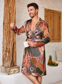 Manfinity ChillVibe Men's Floral Print Belted Bathrobe - Multicolor - View 1
