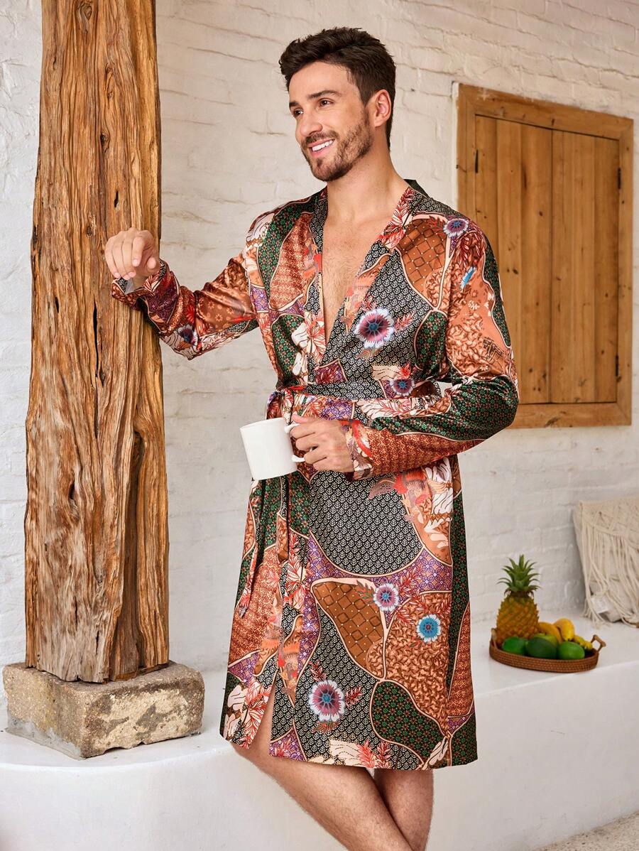 Manfinity ChillVibe Men's Floral Print Belted Bathrobe - Multicolor - View 1