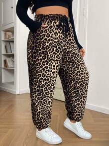 SHEIN EZwear Plus Size Women Casual Leopard Furry Cuff Sweatpants, Autumn/Winter
