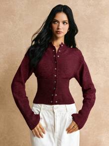 Poéselle 短款修身前扣纯色长袖简约休闲针织开衫、毛衣、短款女式毛衣、女式毛衣、针织毛衣、冬季女装、秋季女装、FW24