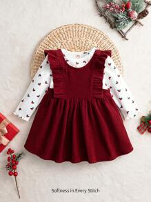 Cozy Pixies 2pcs Set: Baby Girl Christmas Print Round Neck Long Sleeve Pullover Top And Sleeveless Dress