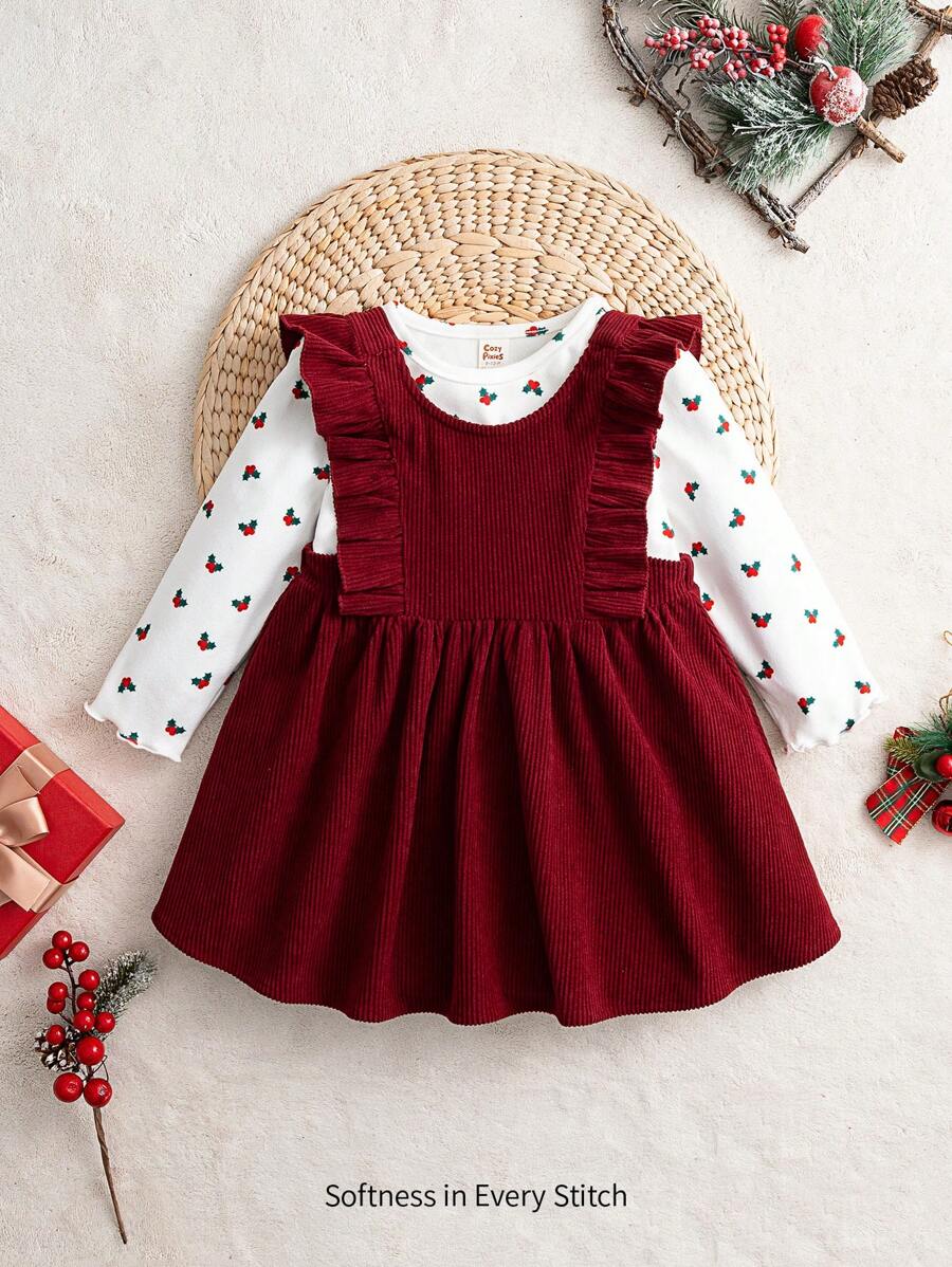 Cozy Pixies 2pcs Set: Baby Girl Christmas Print Round Neck Long Sleeve Pullover Top And Sleeveless Dress