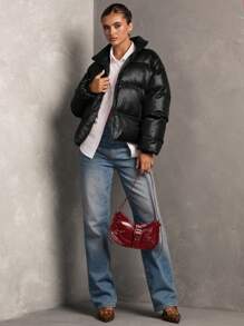 SHEIN BAE 女士纯色长袖拉链领休闲宽松冬季夹克 - 黑色 - 查看 7