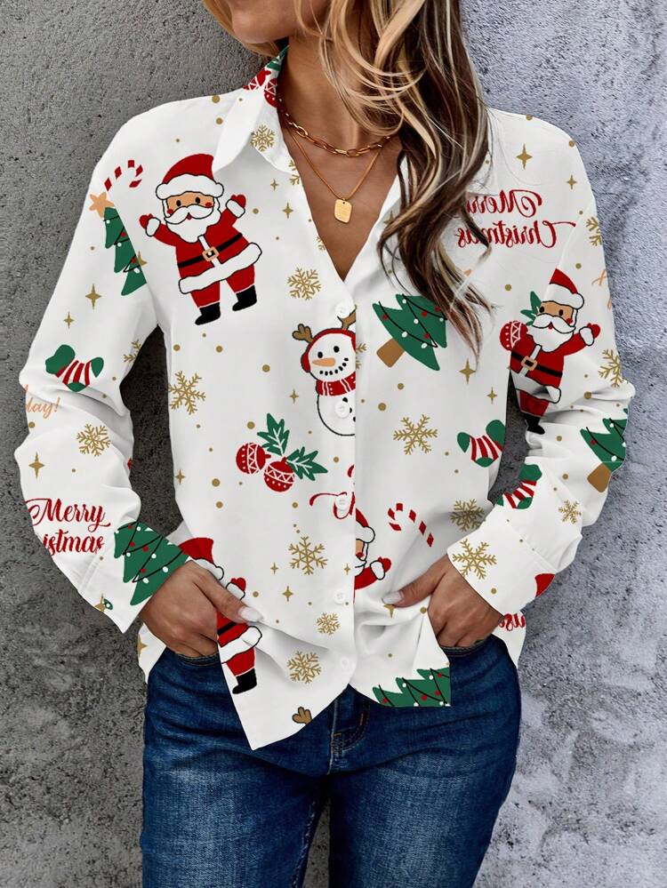 Casual Minimalist Loose Long Sleeve Women Shirt, Suitable For Autumn/Winter With Christmas Elements,Short Sleeve Tops