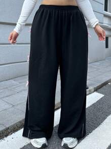 Flirla Quần nỉ thể thao thường ngày họa tiết khối màu cỡ lớn cho nữ có túi vá thắt nơ bên hông - màu đen - Xem 8