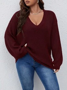 Franclia Pull casual à manches longues avec encolure en V et épaules tombantes, tailles plus, automne/hiver