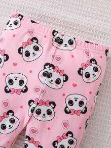 2pcs/Set Baby Girls' Pink Panda Print Long Sleeve Shirt Top And Panda Heart Pattern Leggings Pants, Soft Comfortable Warm Tight-Fitting Outfit - Pink - View 7