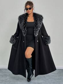 EMERY ROSE Plus Size Women Elegant Long Fur Collar & Cuff Winter Coat - Black - View 4