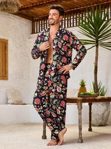 Manfinity ChillVibe Men's Full Floral Print Lapel Collar Button Up Long Sleeve Shirt And Pants Sleepwear Set - Rose Red - View 3