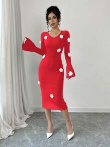 Selianne Women 3D Floral Pattern Elegant Knitted Sweater Dress, Casual & Daily Wear, Autumn/Winter For New Year Clothes - Red - View 3