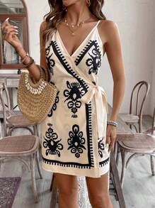 SHEIN VCAY Women's Floral Print Wrap With Knot Sleeveless Casual Dress, For Vacation